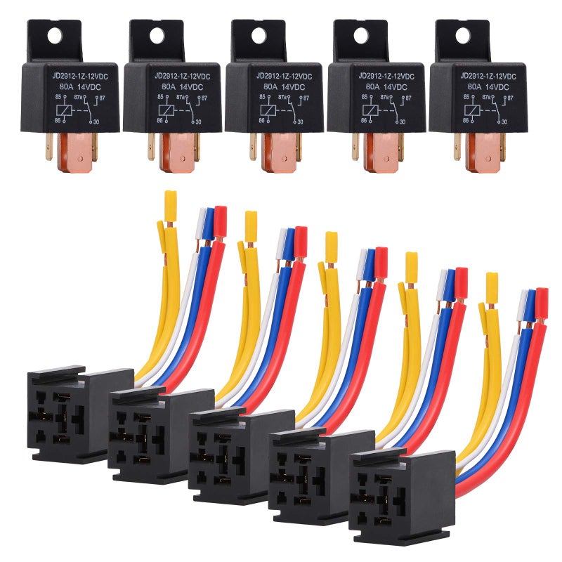 EHDIS 5 Packs Car Relay with Harness Truck Motor Heavy Duty 5-Pin 80A 12V On/Off Normally Open SPDT Relay Socket Plug 5 JD2912-1Z-12VDC 80A 14VDC - Image 1